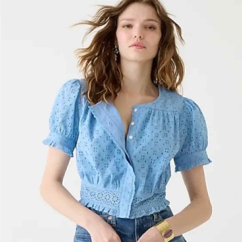 J. Crew Button-front Eyelet Cropped Top Hydrangea Blue Shirt NWT Large
